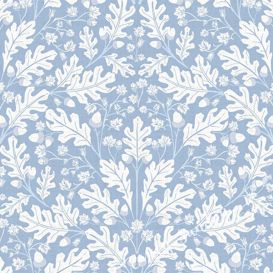 Large Scale Heritage Oak & Acorn Ogee Blue peel and stick wallpaper pattern swatch